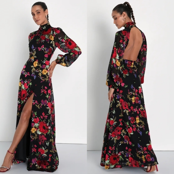 Lulus Graceful Arrival Black Floral Burnout Backless Maxi Dress Wedding Party - Picture 1 of 11